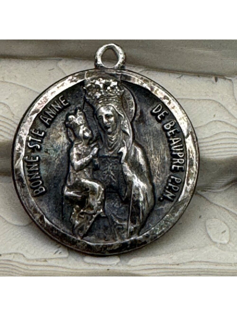 St Anne Ann De Beaupre French Silver Relic Religious Medal Pendant France Vtg